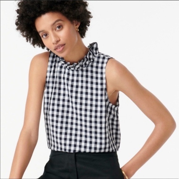 J. Crew Ruffleneck top drapey gingham AW865 S Shirt Navy white - Picture 1 of 5